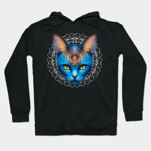 Cat Blue Divinity in Mandala Surreal Digital Art Hoodie